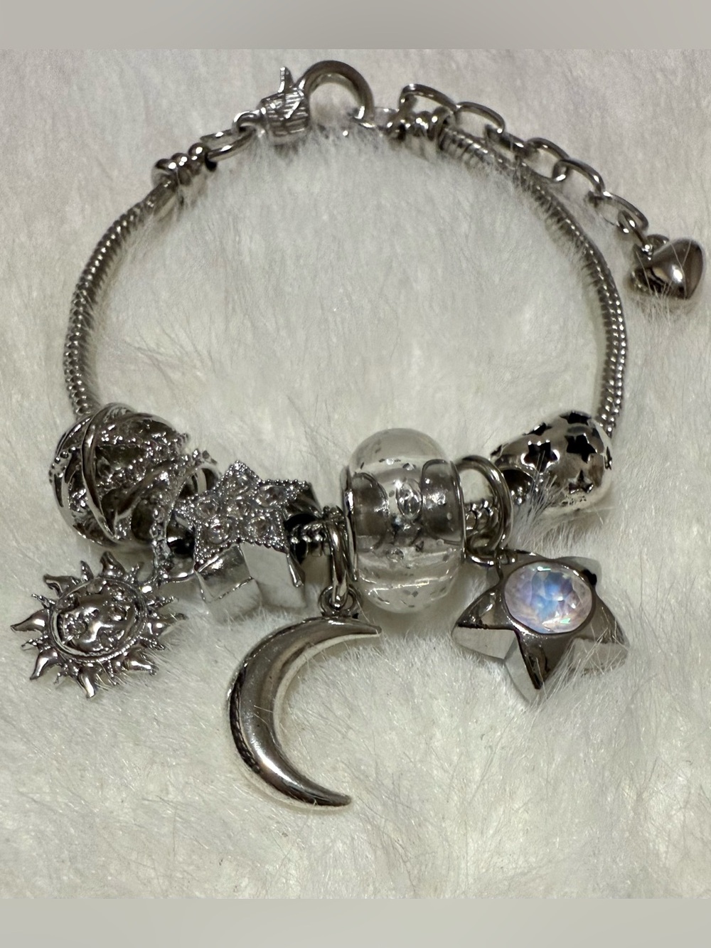 Stainless Steel Silver Moon & Star Charm Bracelet - Silver